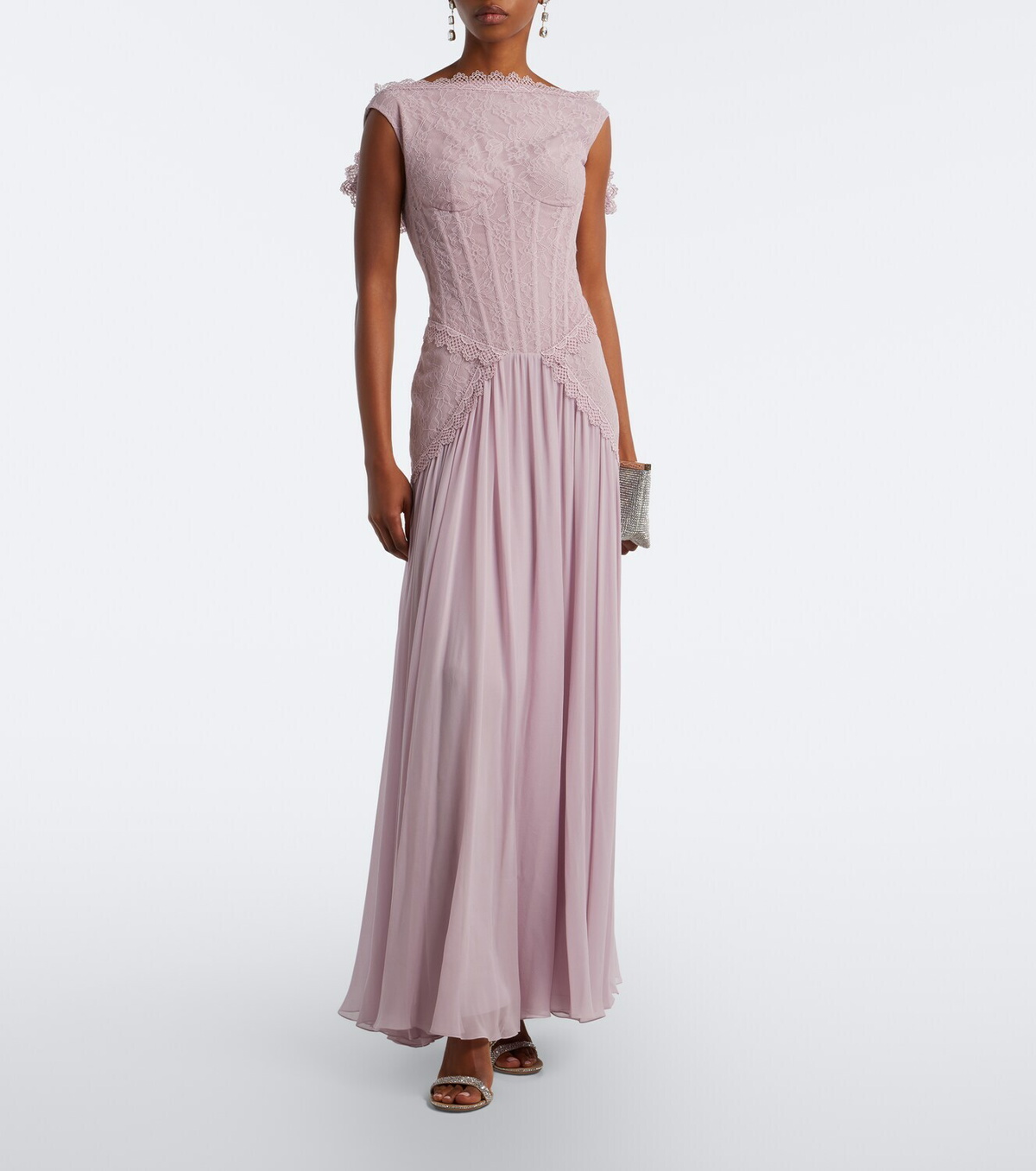 Georges Hobeika Silk-blend georgette and lace corset gown