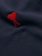 AMI PARIS - Logo-Embroidered Organic Cotton-Jersey Zip-Up Hoodie - Blue