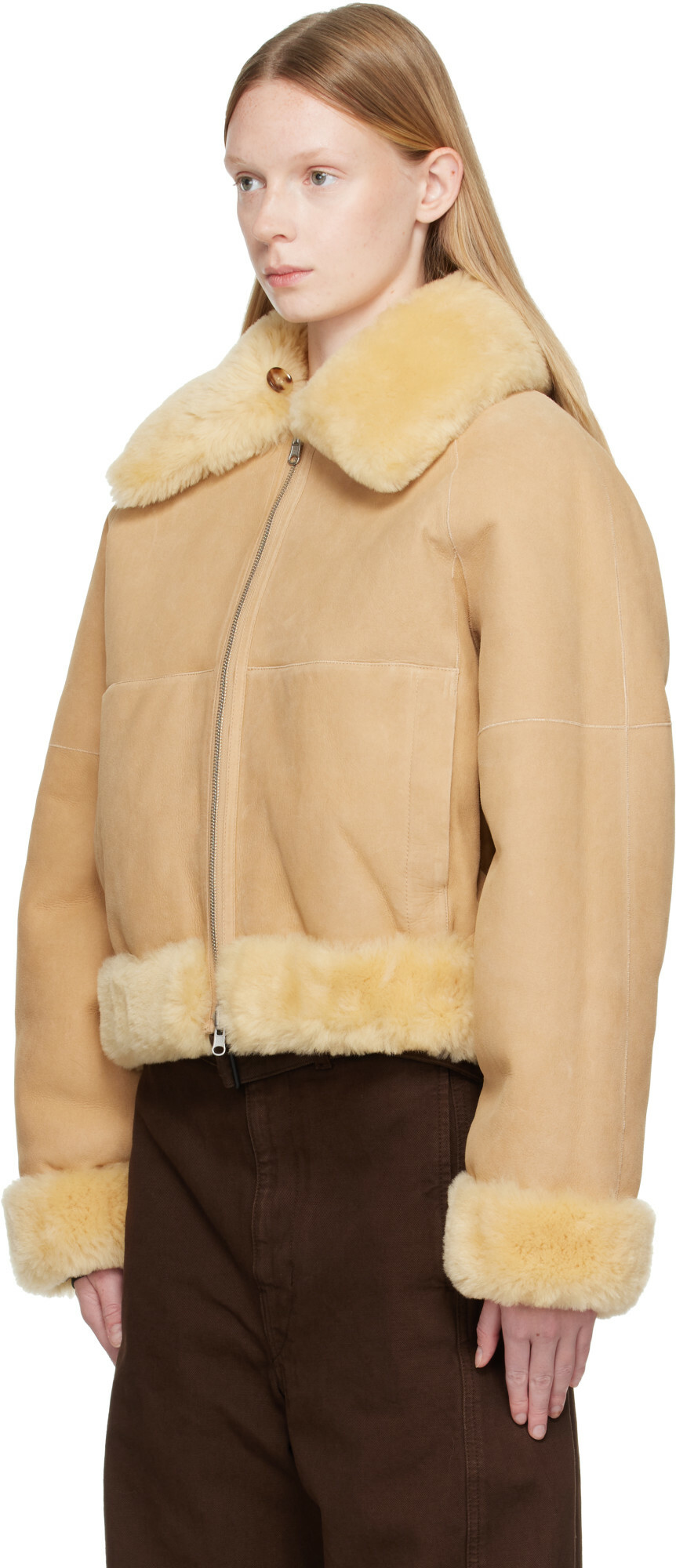 Helmut Lang Beige Reversible Shearling Bomber Jacket