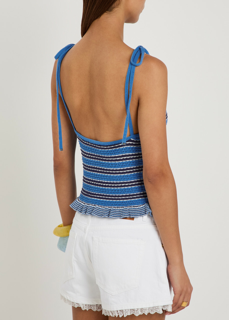 Ganni Striped Cotton-knit top Blue