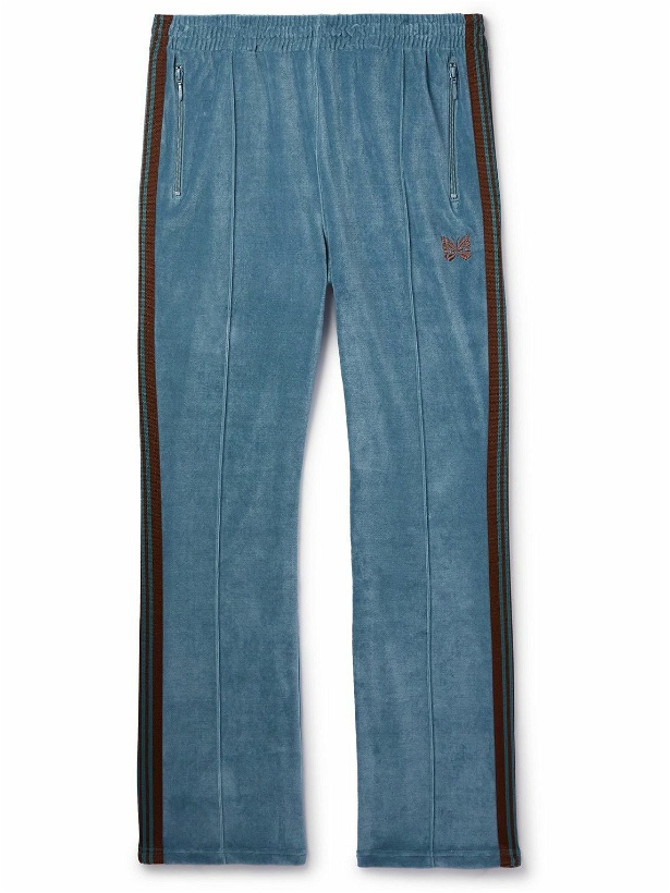 Photo: Needles - Narrow Logo-Embroidered Webbing-Trimmed Cotton-Blend Velour Track Pants - Blue