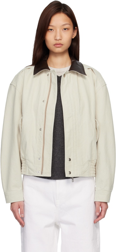 Photo: COOR Beige Leather Collar Washed Cationized Bomber Jacket
