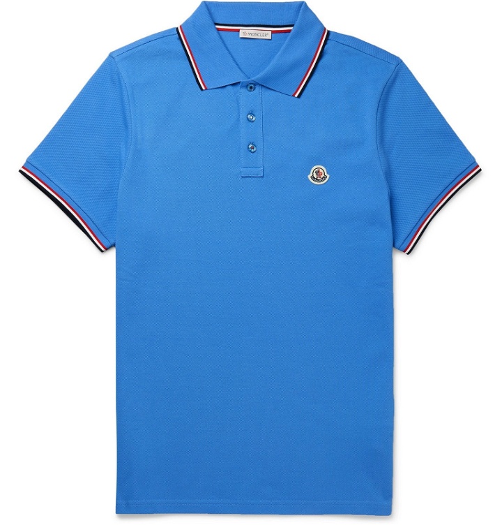 Photo: Moncler - Logo-Appliquéd Striped Cotton-Piqué Polo Shirt - Blue