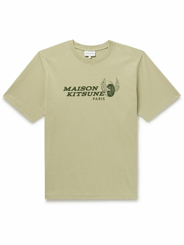 Photo: Maison Kitsuné - Racing Wheels Logo-Print Cotton-Jersey T-Shirt - Green