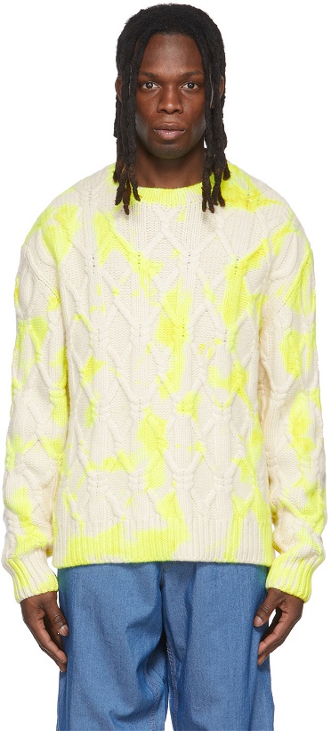 Photo: The Elder Statesman Off-White & Yellow Chunky Cable Hot Dye Sweater