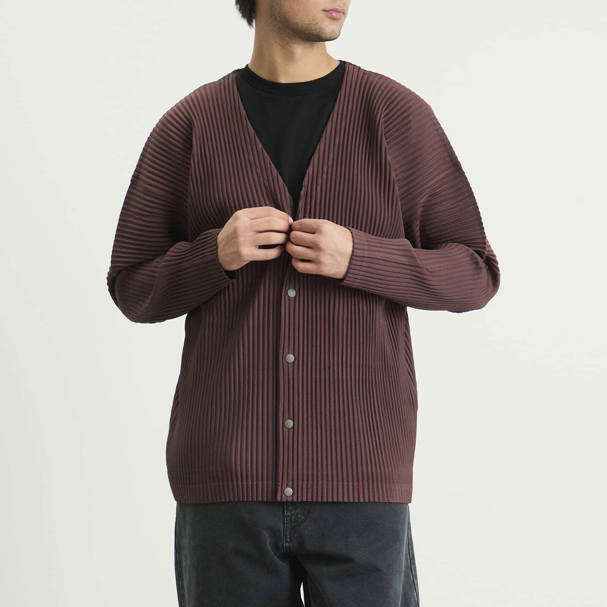 Homme Plissé Issey Miyake Men's Homme Plissé Button Down Cardigan in Edge Brown