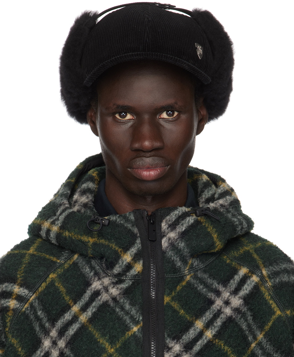Burberry Black Shearling Trim Corduroy Trapper Cap