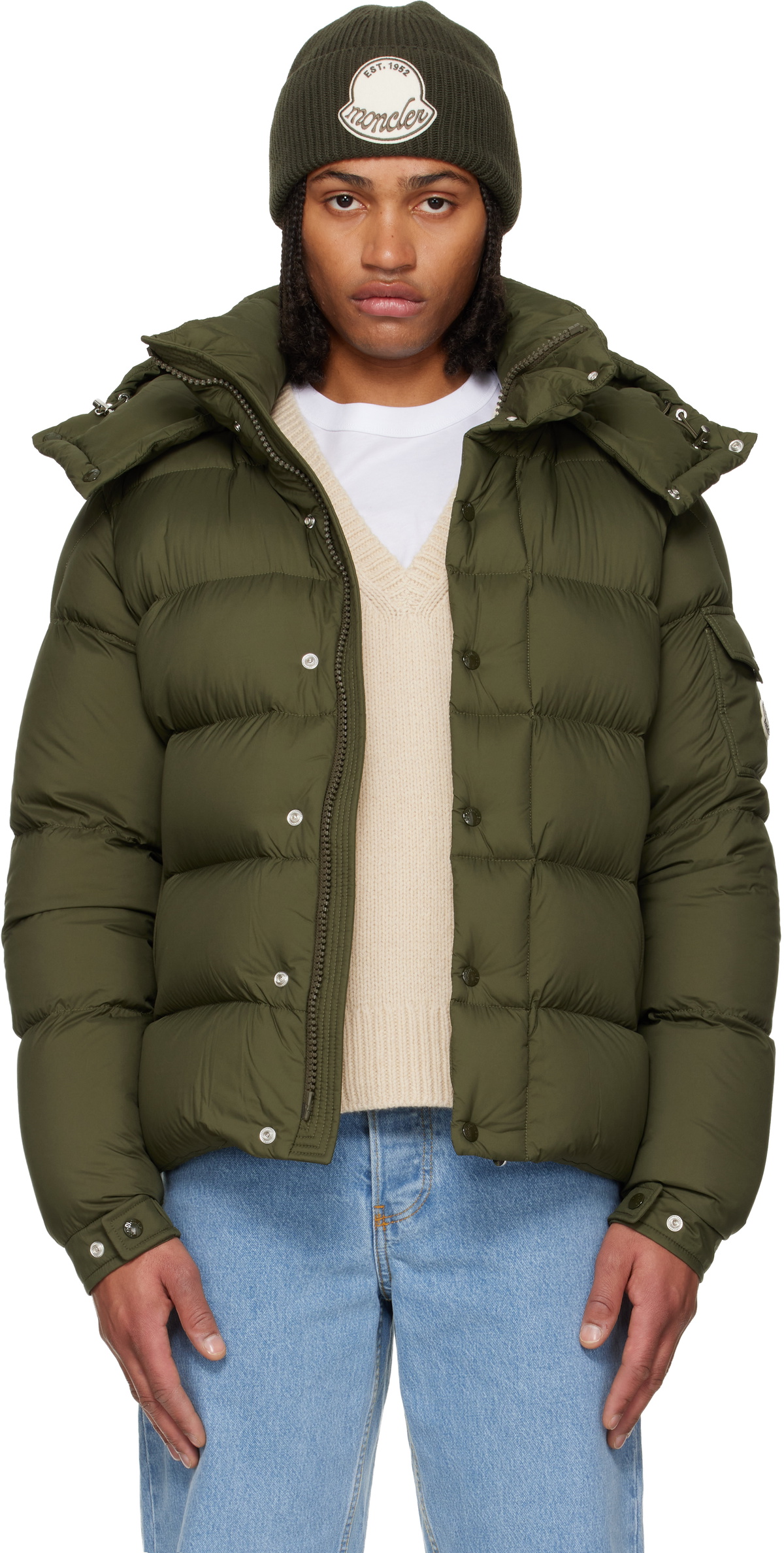 Moncler: Green Maya 70 Hooded Short Down Jacket | SSENSE