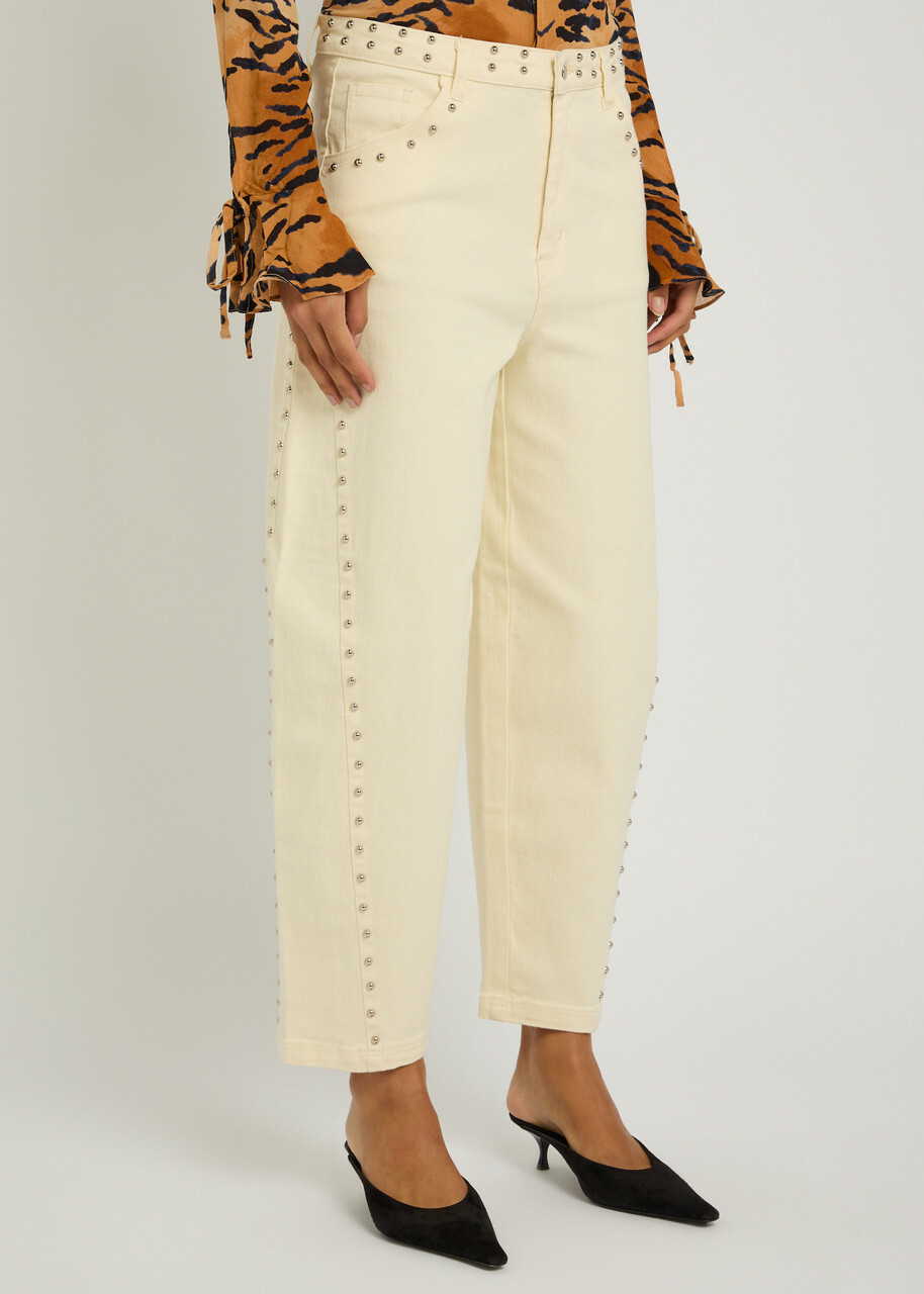 Never Fully Dressed Studded Barrel-leg Jeans Ecru