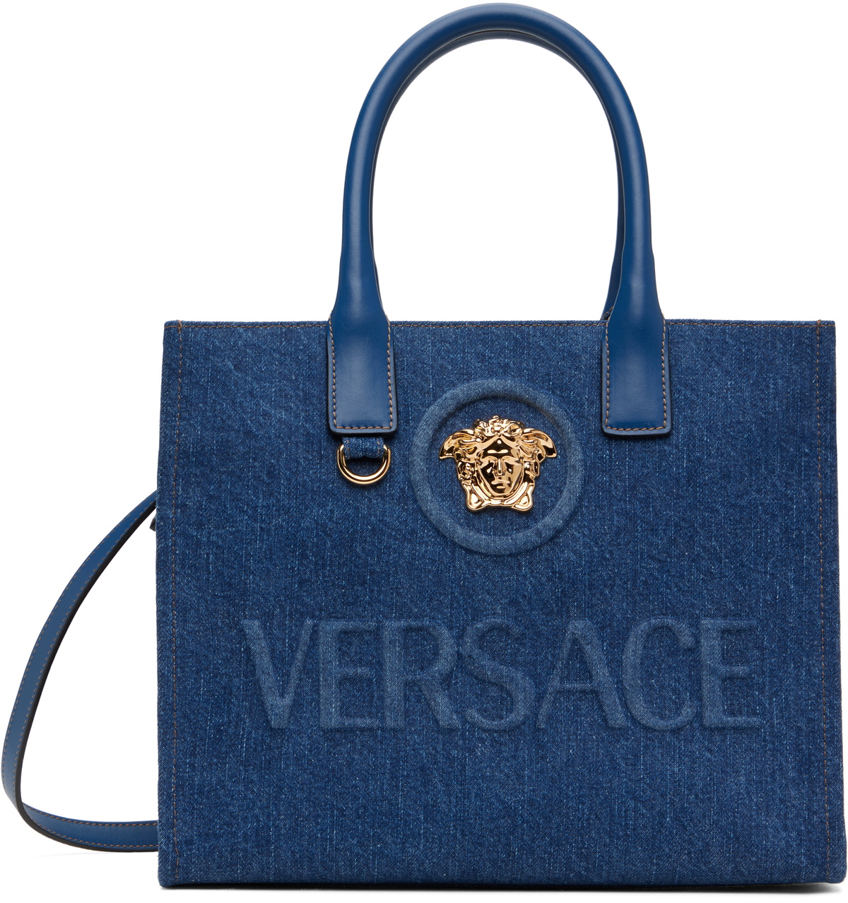 Versace Navy 'La Medusa' Denim Small Tote