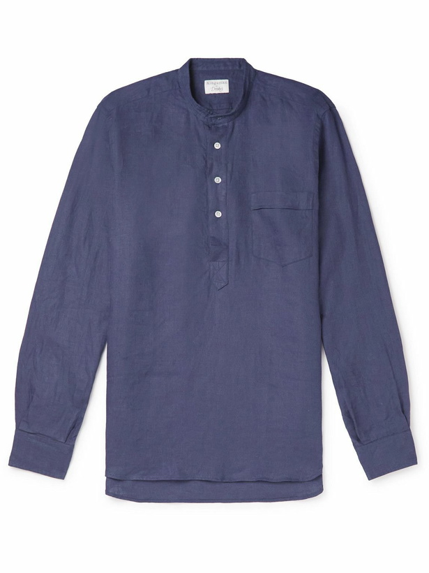 Photo: Kingsman - Grandad Collar Linen Shirt - Blue