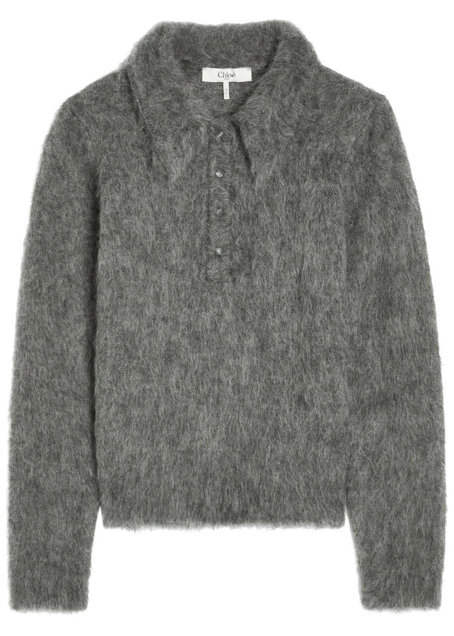 Chloe Brushed Knit Wool-blend Polo top Grey