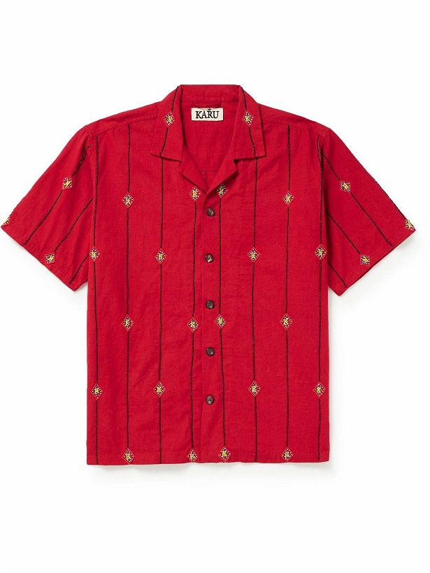 Photo: Karu Research - Camp-Collar Embellished Striped Cotton Shirt - Red