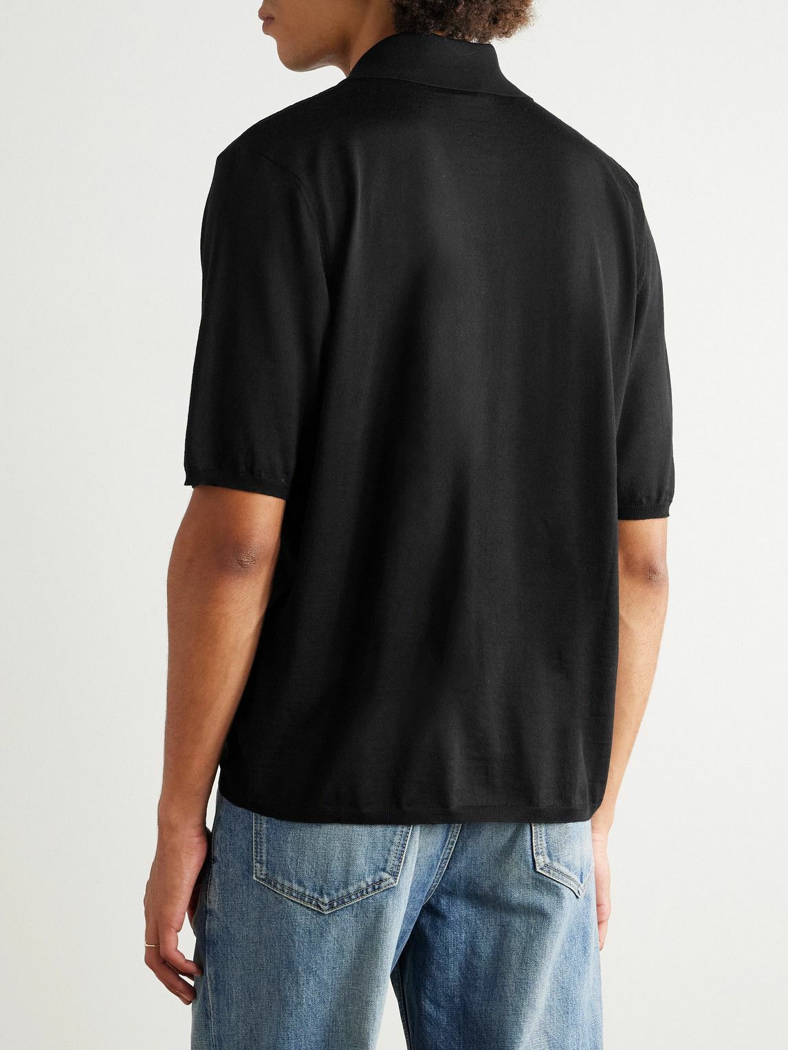 SAINT LAURENT - Cassandre Logo-Embroidered Wool Polo Shirt - Black