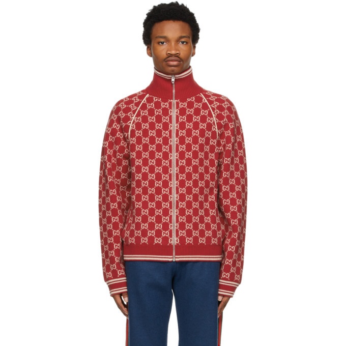 Photo: Gucci Red Wool GG Jacquard Bomber Sweater