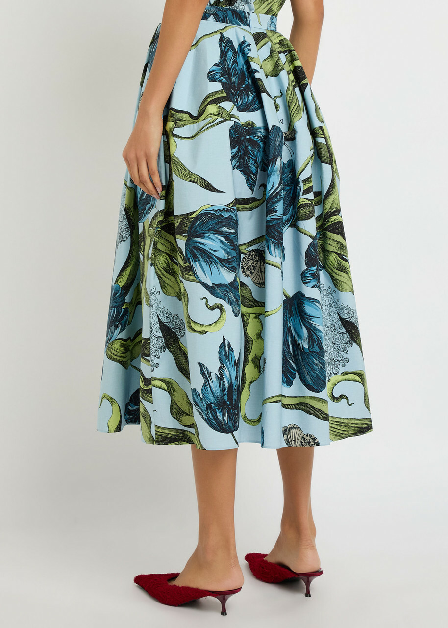 Erdem Printed Cotton-poplin Midi Skirt Blue