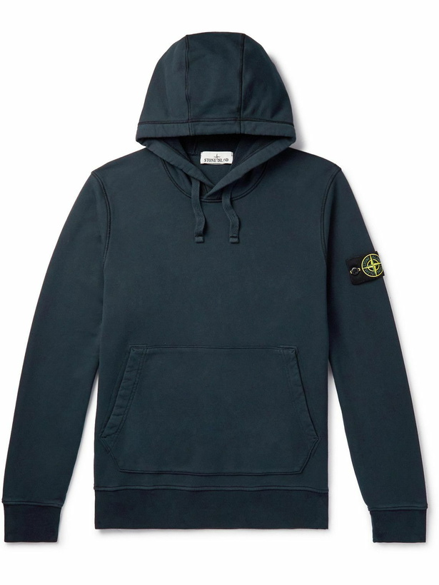 Photo: Stone Island - Garment-Dyed Logo-Appliquéd Cotton-Jersey Hoodie - Blue