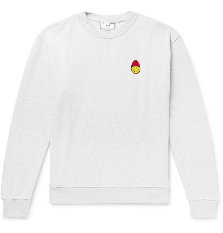 Photo: AMI - The Smiley Company Appliquéd Mélange Loopback Cotton-Jersey Sweatshirt - Men - Light gray