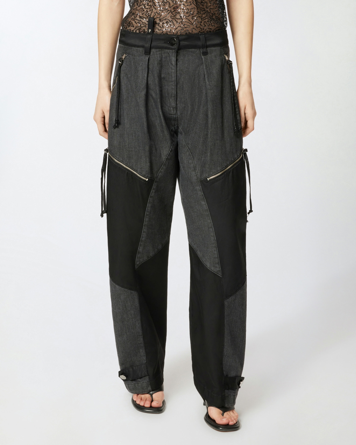 Pinko P Pants In Black Denim And Satin With Zip Limo Black