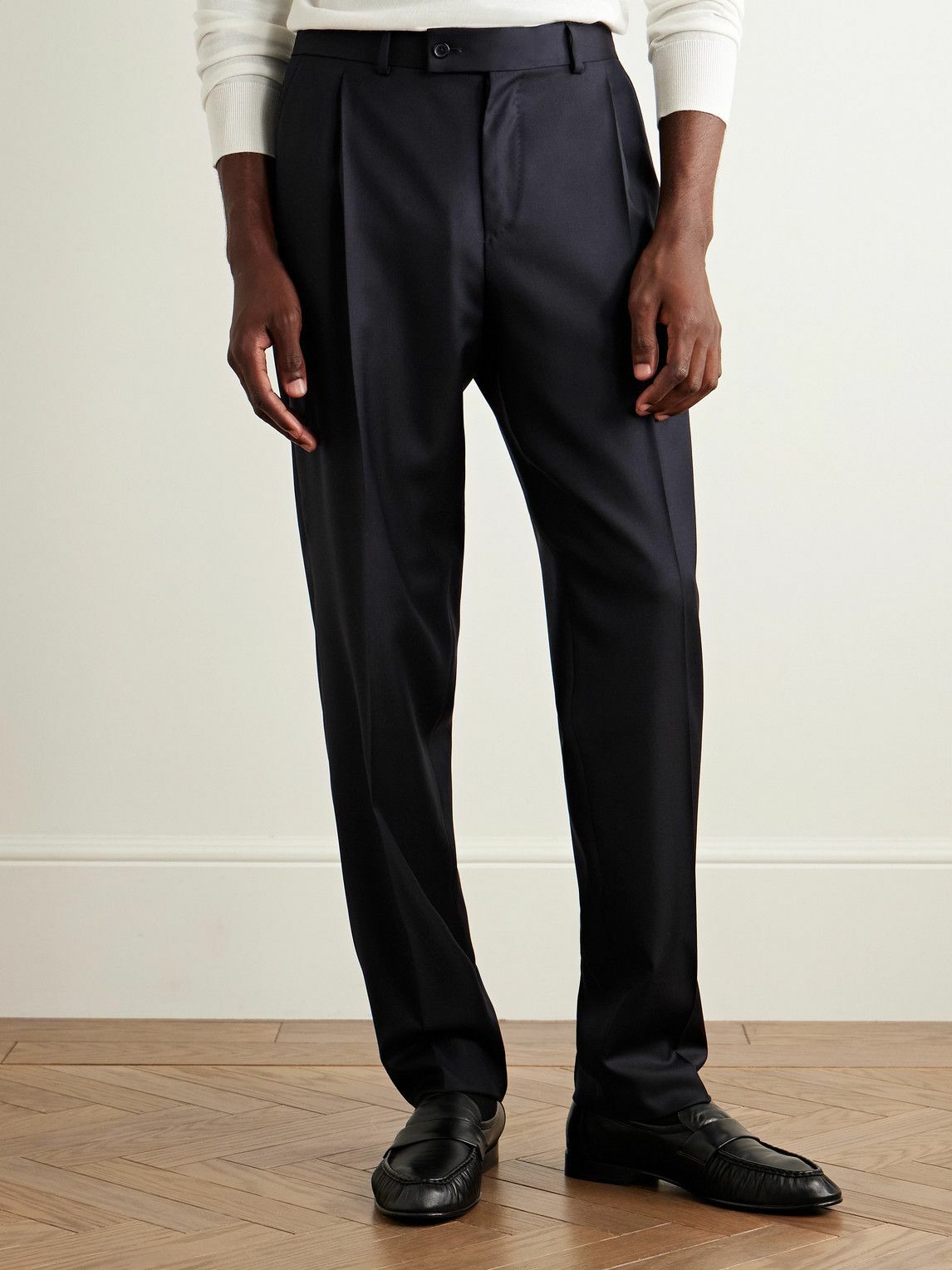 Caruso - Slim-Fit Pleated Wool Trousers - Blue