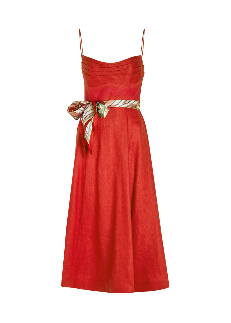 Zimmermann Rebellion Belted Linen Midi Dress Red