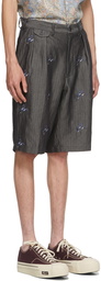 BEAMS PLUS Grey Herringbone Two-Pleated Embroidered Shorts