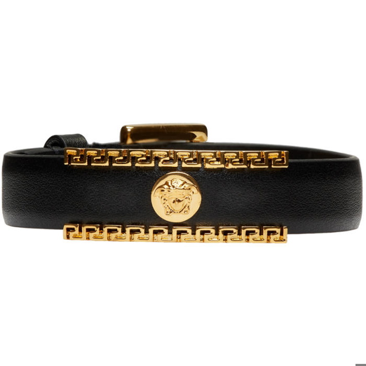 Photo: Versace Black and Gold Medusa Greek Key Leather Bracelet