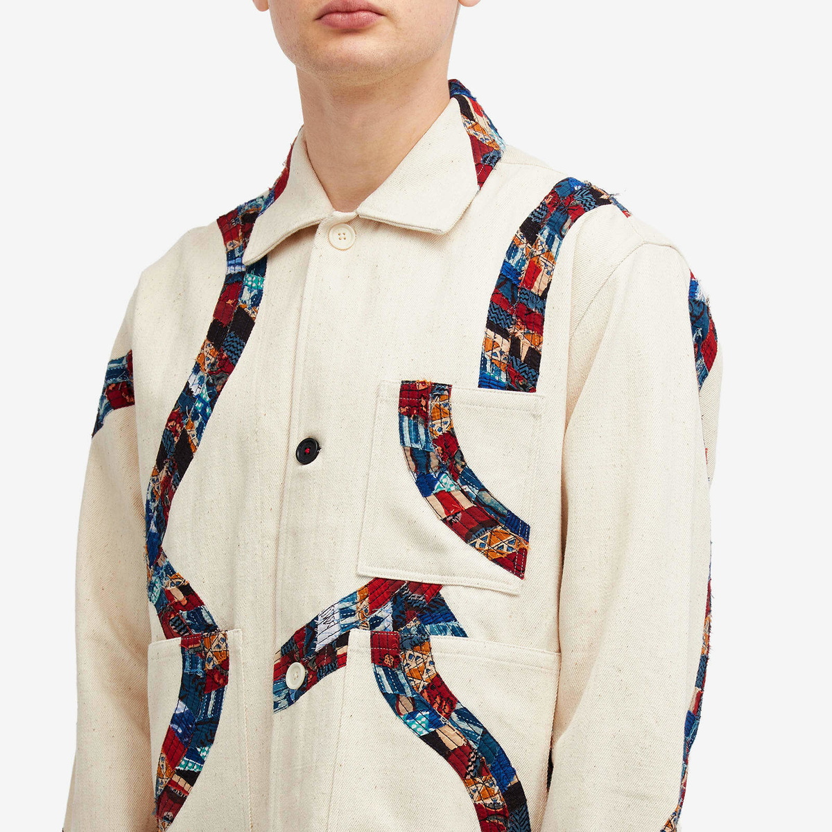 Kardo Men's Bodhi Patchwork Fabric Denim Jacket in Natural