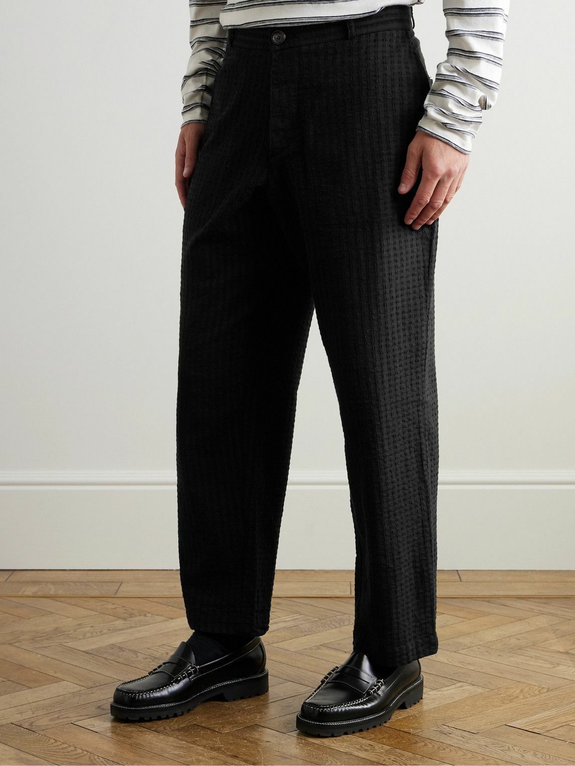 Oliver Spencer - William Straight-Leg Organic Cotton-Blend Seersucker Trousers - Black