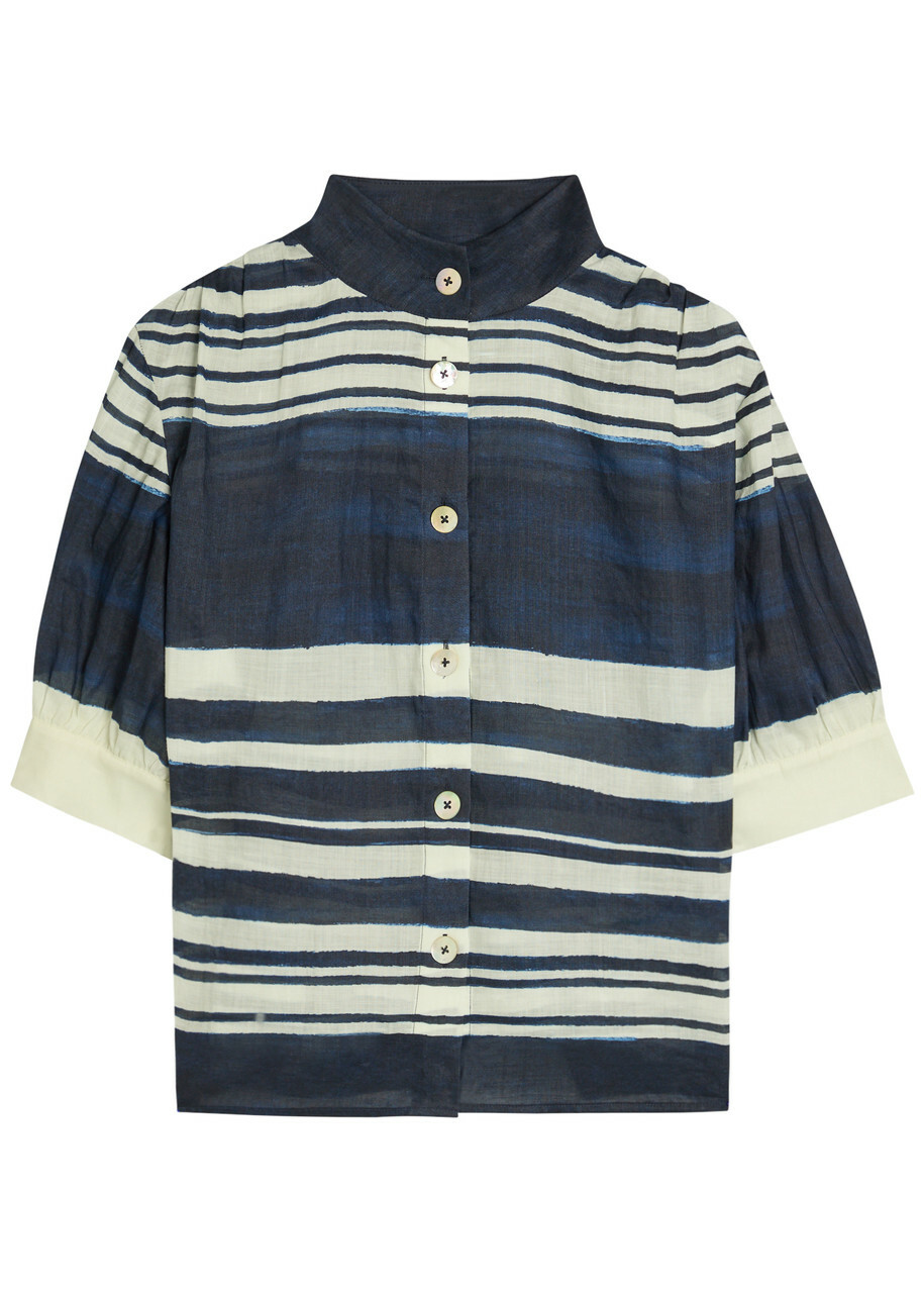 Veronica Beard Hollandale Striped Ramie Shirt Navy