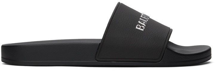 Photo: Balenciaga Black & Silver Logo Pool Slides