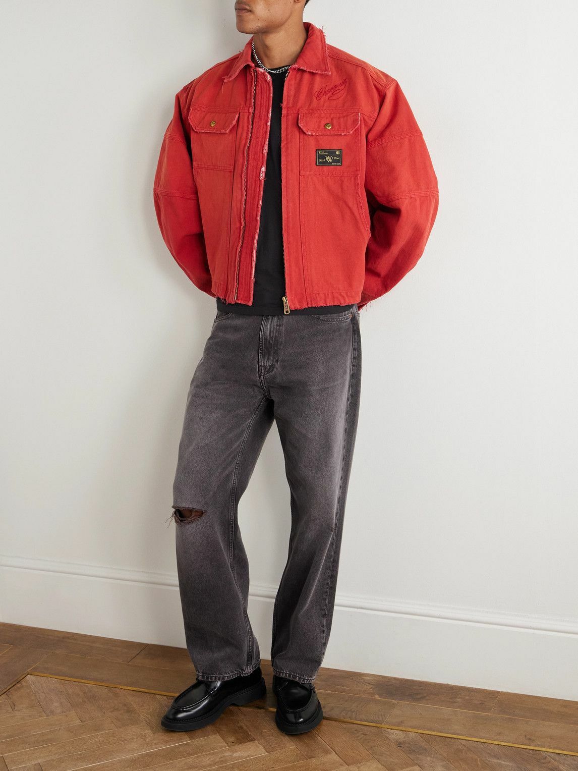 Willy Chavarria - Stockton Cropped Logo-Detailed Distressed Denim Jacket - Red