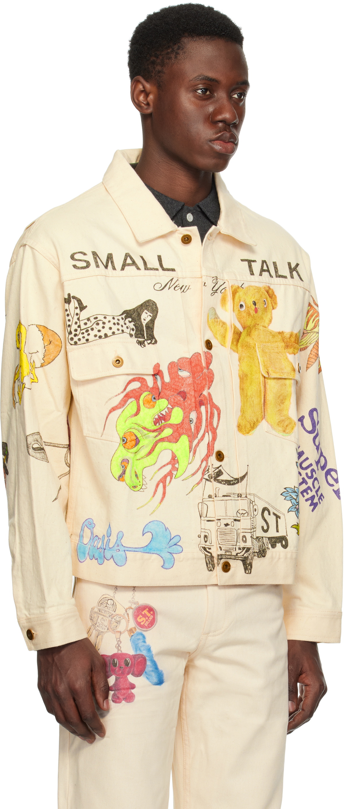 Small Talk Studio SSENSE Exclusive Off-White Custom Hand Drawn Trucker Denim Jacket