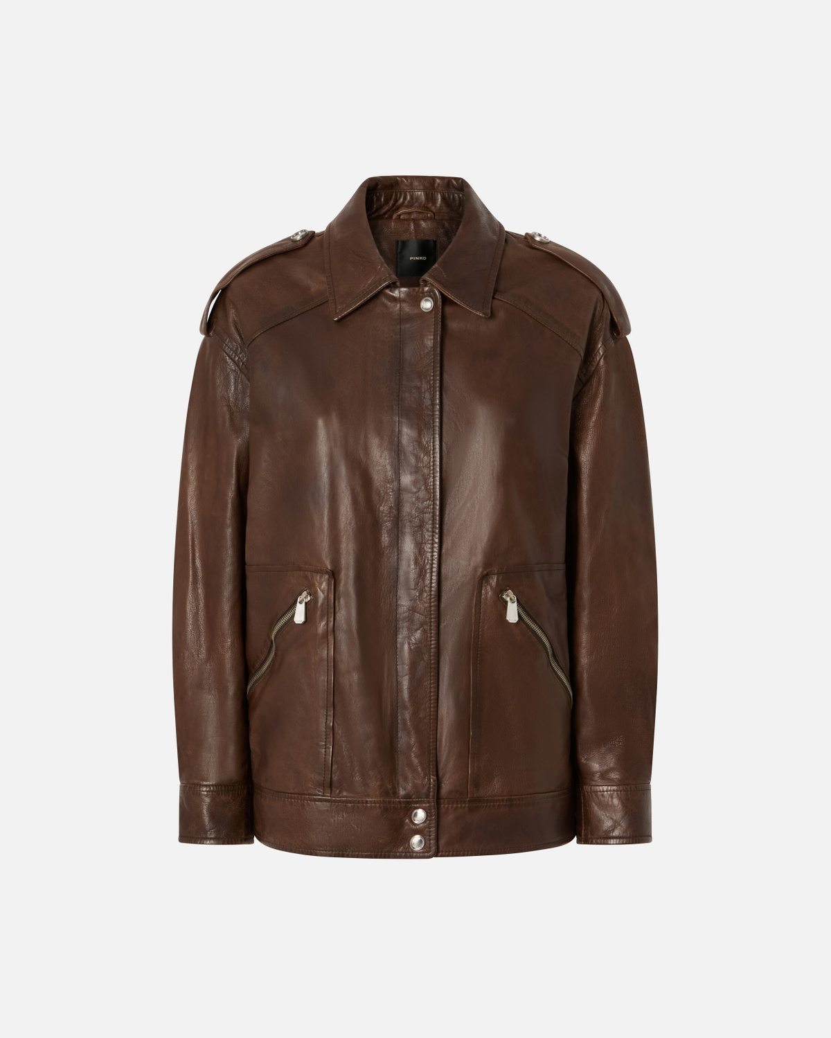 Pinko Washed Leather Jacket With Collar Brown Sassicaia