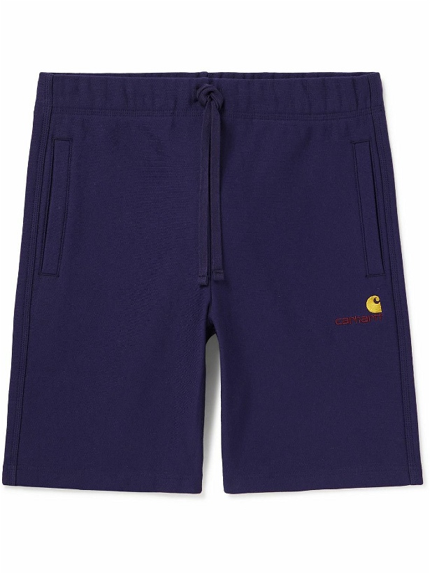 Photo: Carhartt WIP - American Script Logo-Embroidered Cotton-Blend Jersey Drawstring Shorts - Purple