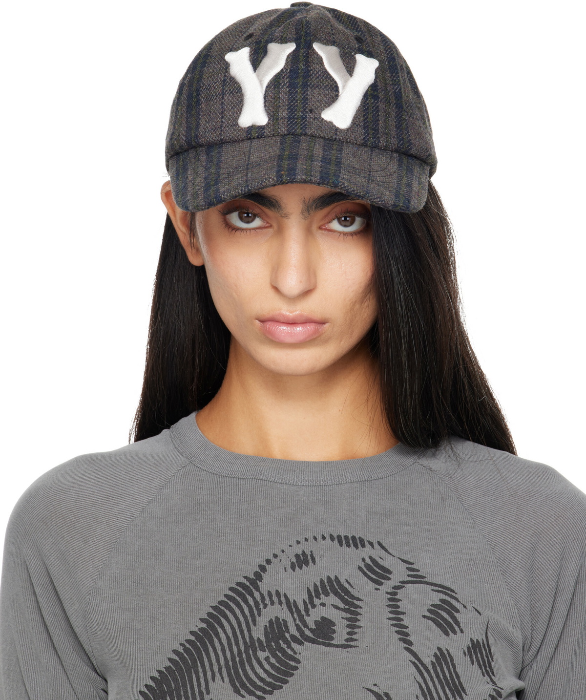 OPEN YY Brown 'Yy' Checkered Heart Bone Ball Cap