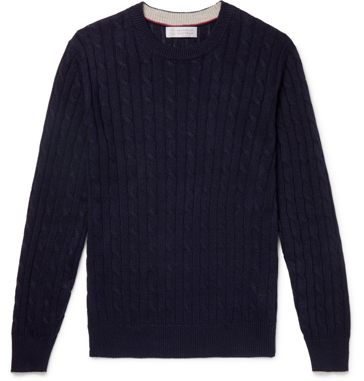 Photo: Brunello Cucinelli - Cable-Knit Linen and Cotton-Blend Sweater - Blue