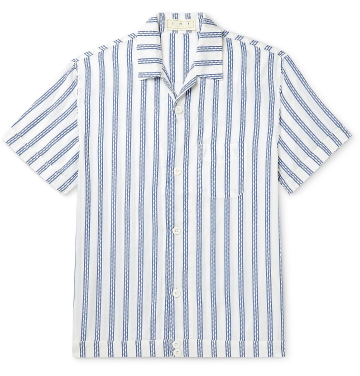 Photo: SMR Days - Camp-Collar Embroidered Striped Cotton Shirt - Blue