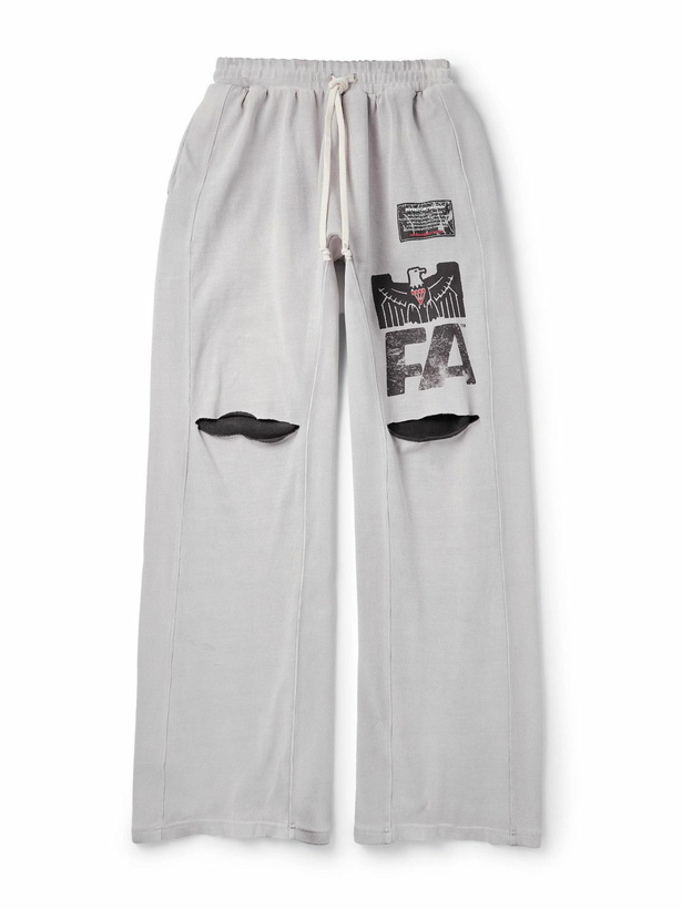 Photo: RRR123 - Flag Faster Wide-Leg Distressed Printed Cotton-Jersey Sweatpants - Gray