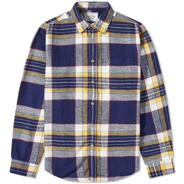 Photo: Portuguese Flannel Men's Equi Check Overshirt in Navy/White/Yellow