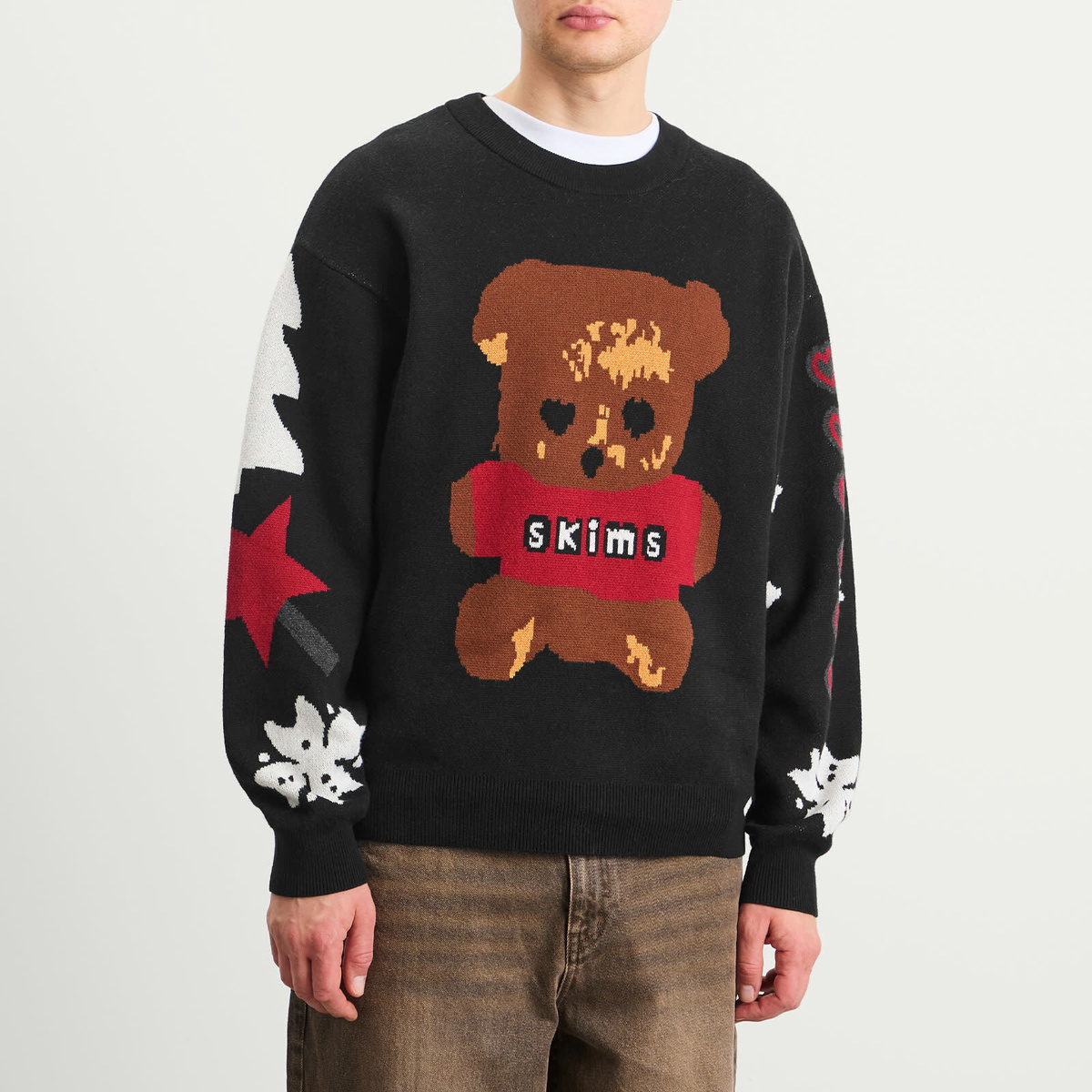 SKIMS Men's x Cactus Plant Flea Market Crewneck Pullover in Onyx Teddy Bear Snow Print