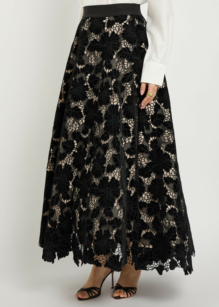 Alice + Olivia Lorena Cutwork Lace Maxi Skirt Black