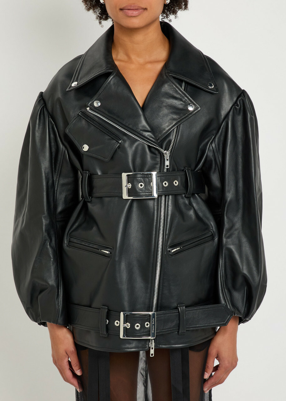 Simone Rocha Puff Sleeve Belted Leather Biker Jacket Black
