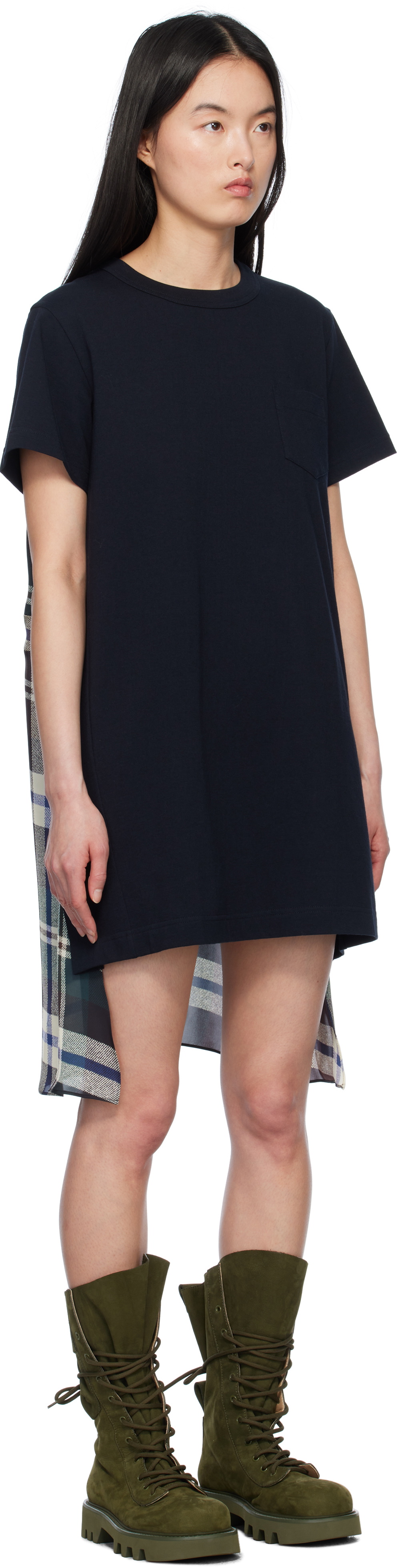 sacai Black & Green Plaid Print Cotton Jersey Minidress
