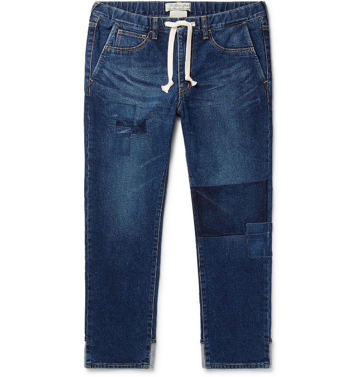 Photo: Remi Relief - Slim-Fit Tapered Patchwork Denim Drawstring Jeans - Blue