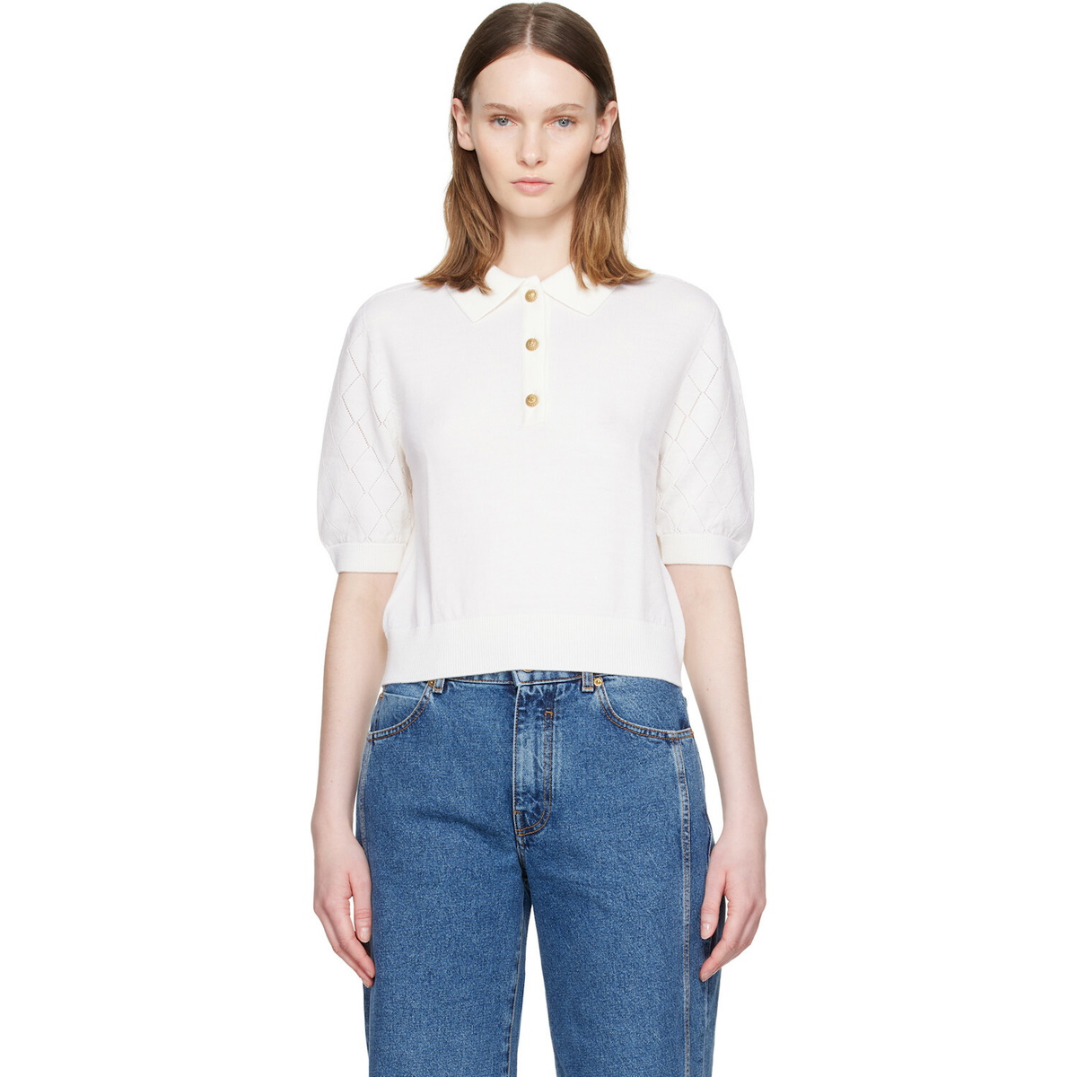 BALMAIN White 3-Button Quilted Polo