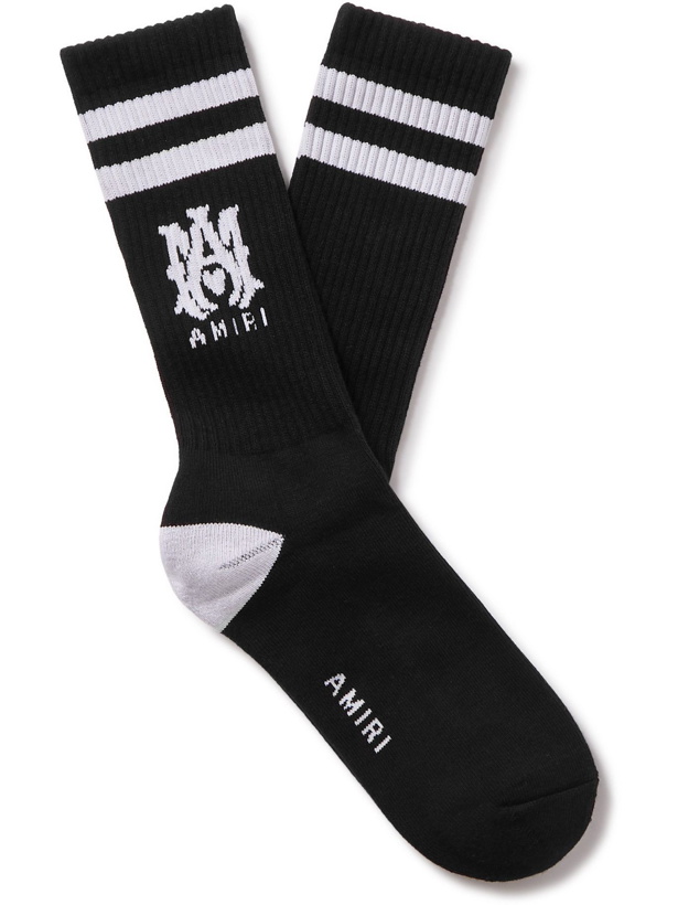 Photo: AMIRI - Logo-Intarsia Ribbed Stretch Cotton-Blend Socks - Black