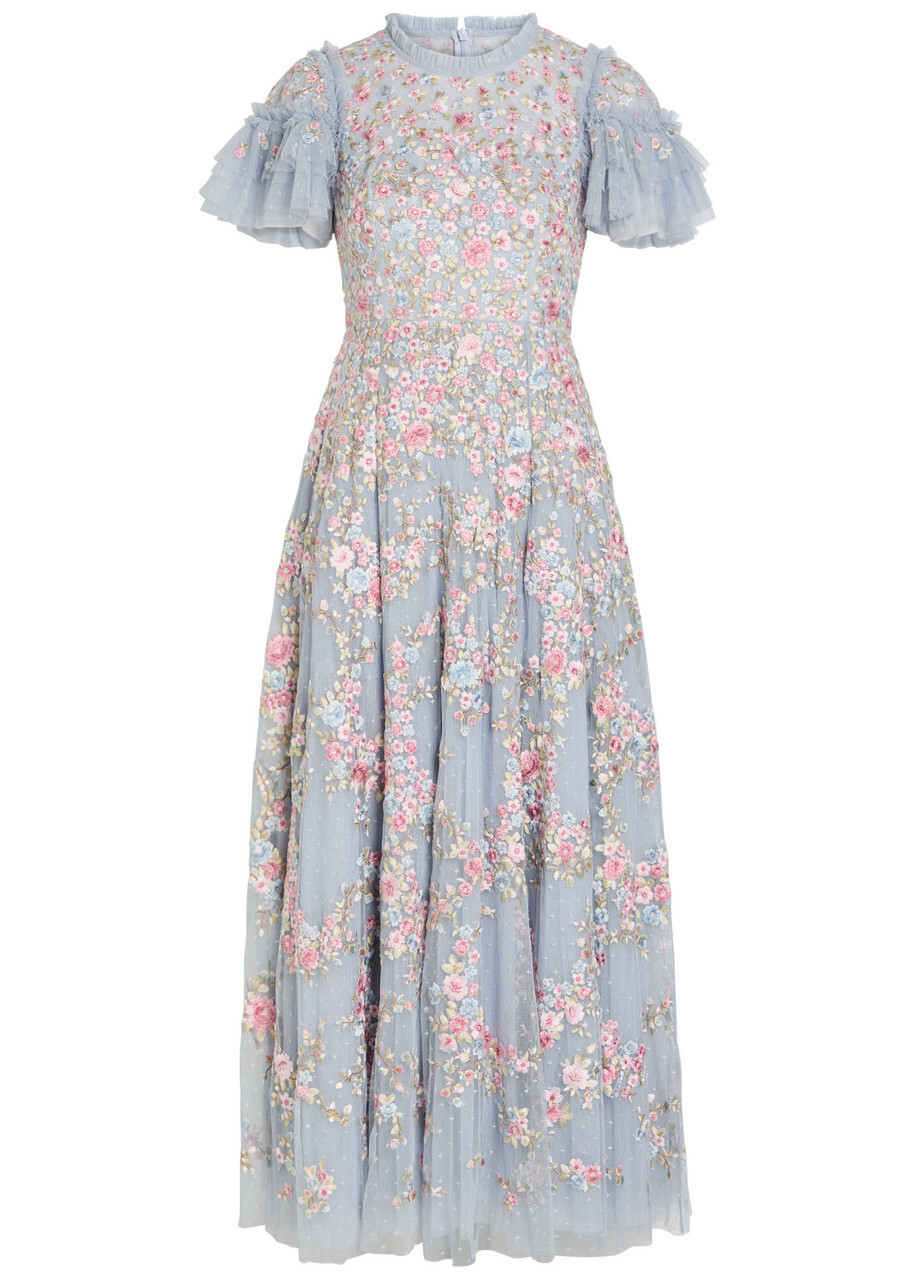 Needle & Thread Lunaria Floral-embroidered Ruffled Tulle Gown Blue