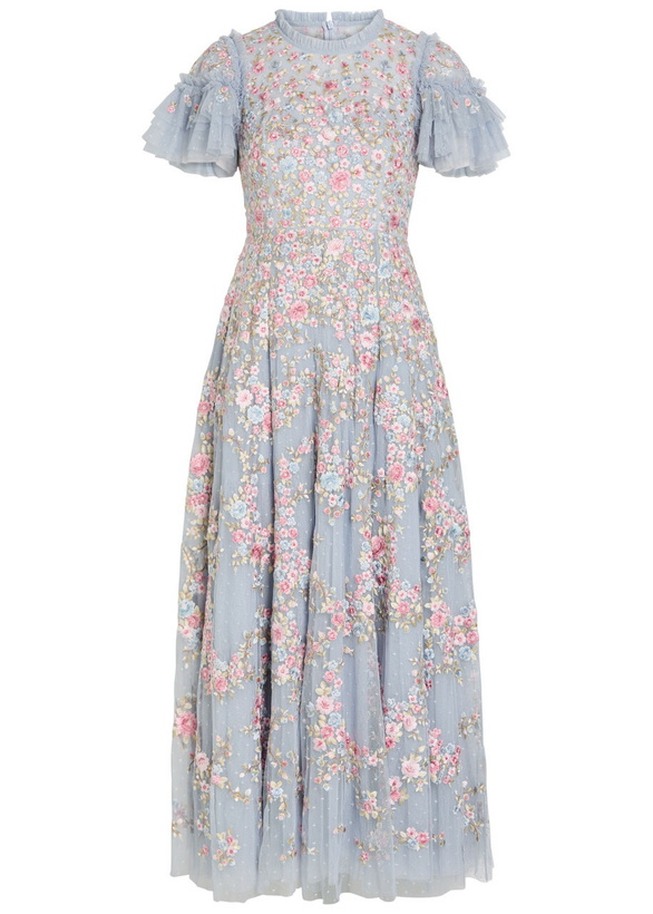 Photo: Needle & Thread Lunaria Floral-embroidered Ruffled Tulle Gown Blue