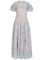 Needle & Thread Lunaria Floral-embroidered Ruffled Tulle Gown Blue